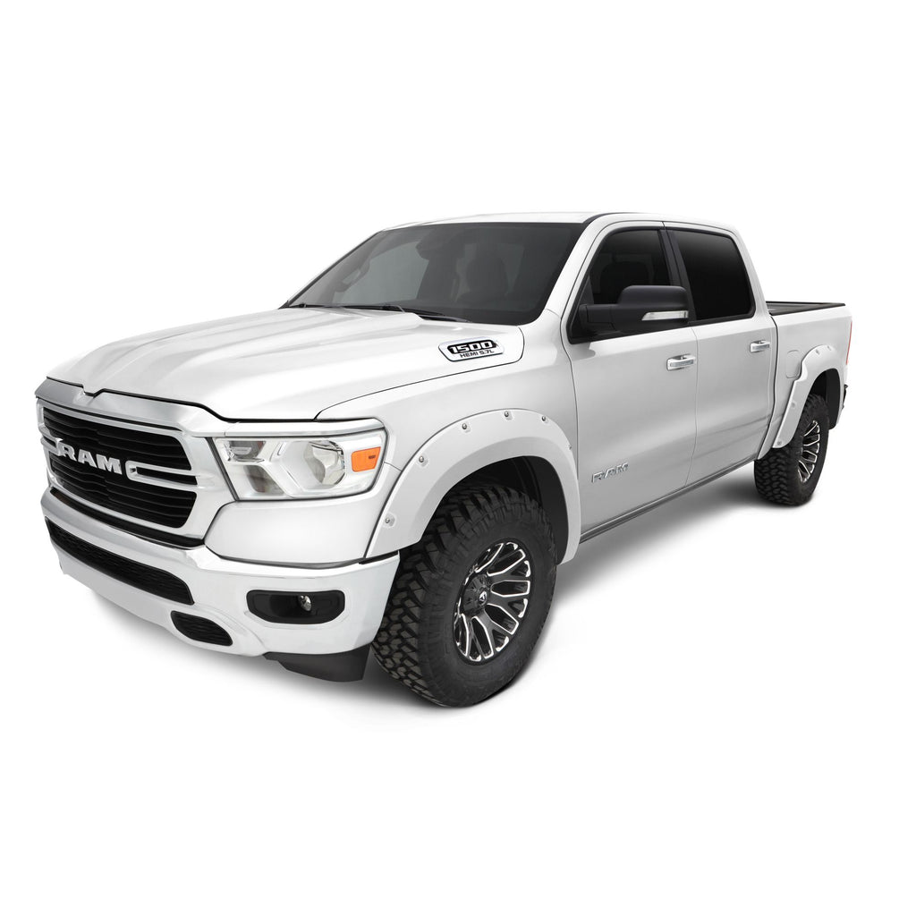 Bushwacker 50915-15 Pocket/Rivet Style Color Matched Bright White 4-Piece Fender Flare Set for 2016-2018 Ram 1500 (Excludes R/T/Rebel); 2019-2022 Ram 1500 Classic