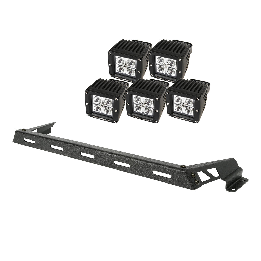 Hood Light Bar Kit Textured Black 5 Square LEDs; 07-16 Jeep Wrangler