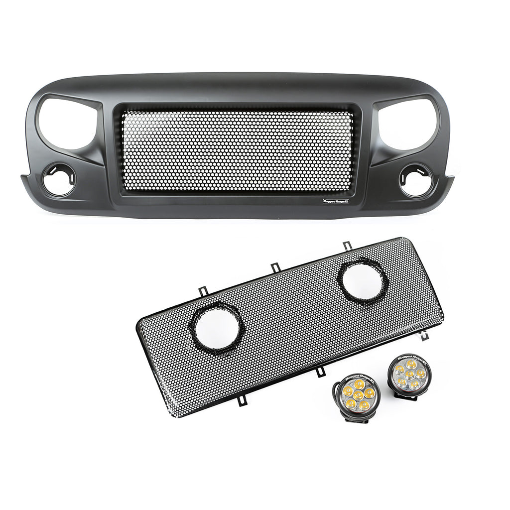 Rugged Ridge OMI-12034.35 | Spartan Grille Mesh Insert Kit w/ Rd LED Driving Lights; 07-16 Jeep JK