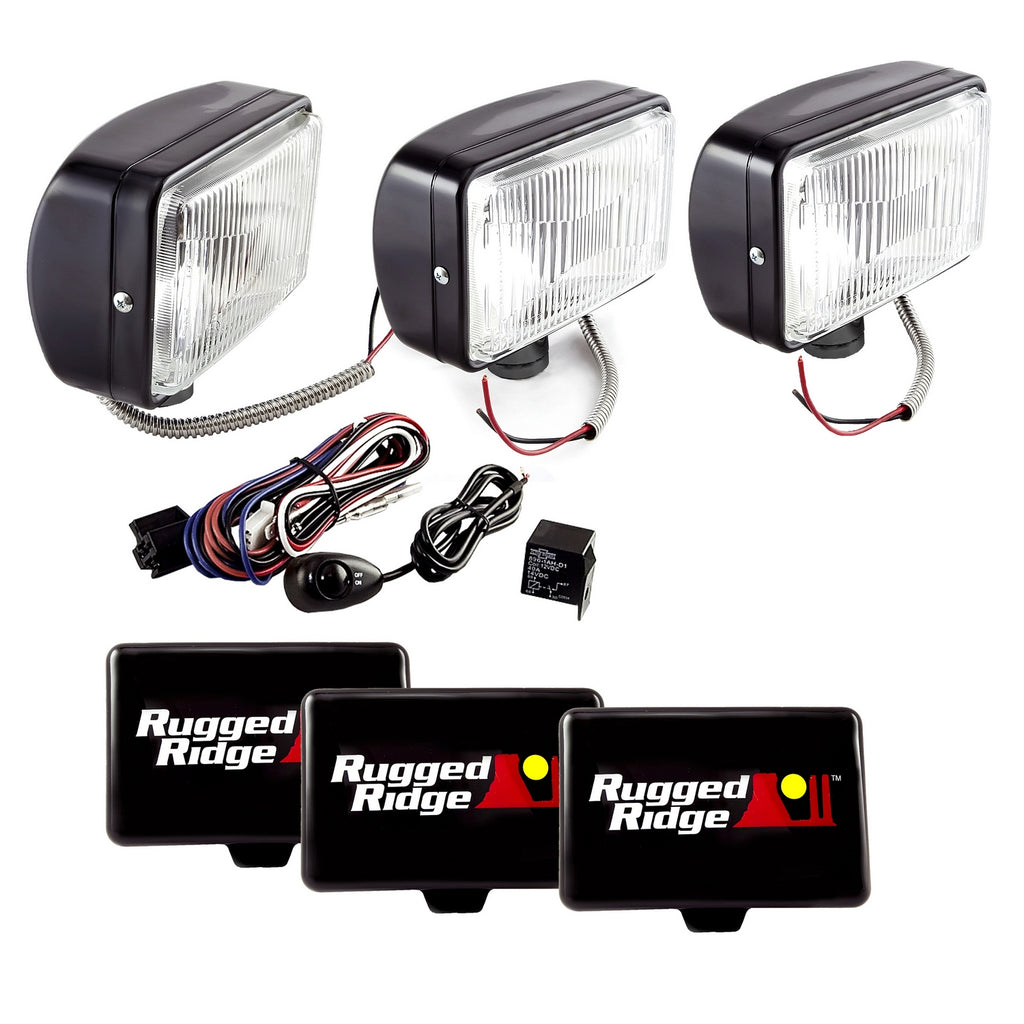 Rugged Ridge 15207.65 | 5 Inch x 7 Inch Halogen Fog Light Kit, Black Steel Housings, Set of 3