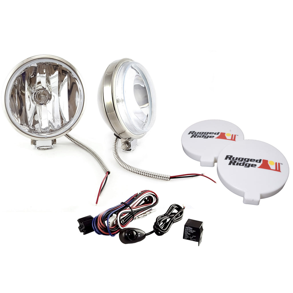 Rugged Ridge 15208.58 | 6 Inch Slim Halogen Fog Light Kit, Stainless Steel Housings, Pair