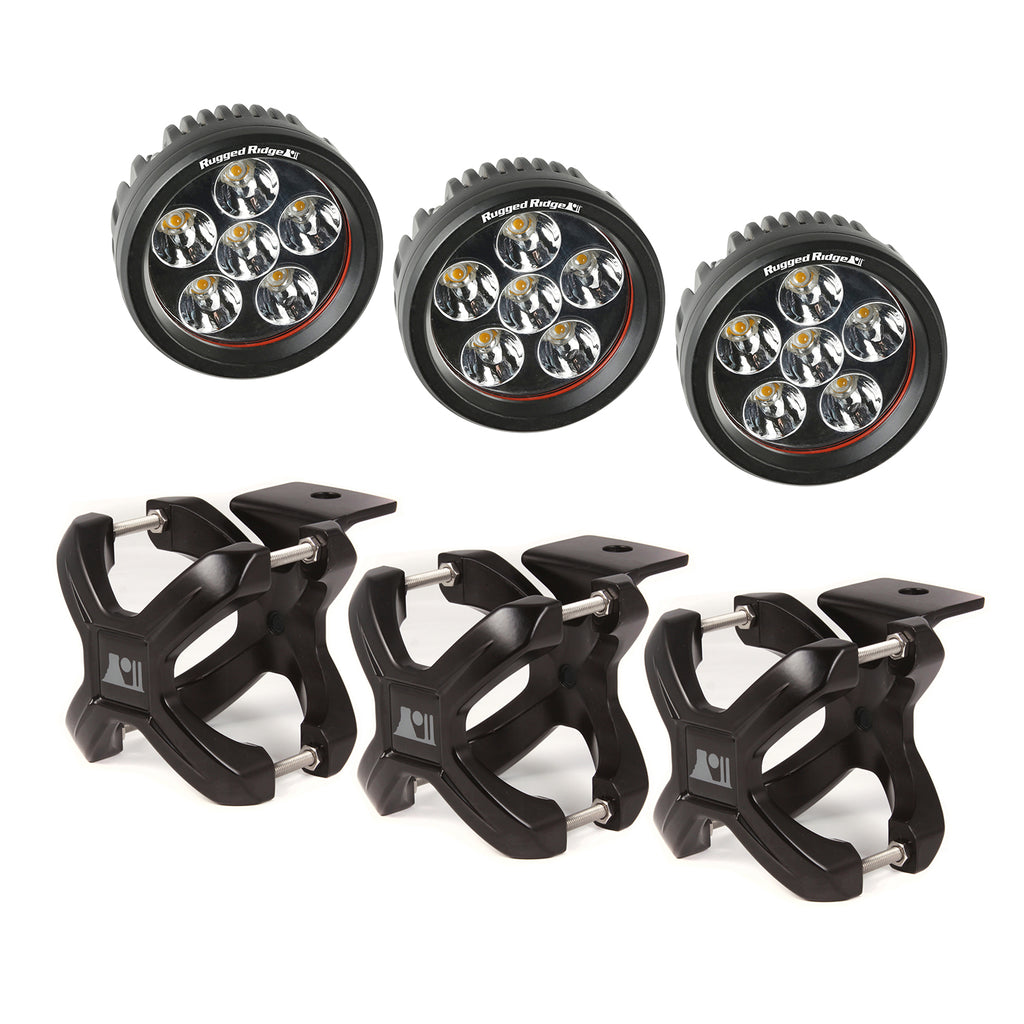 Rugged Ridge 15210.06 | X-Clamp and Round LED Light Kit, Large, Black, 3 Pieces