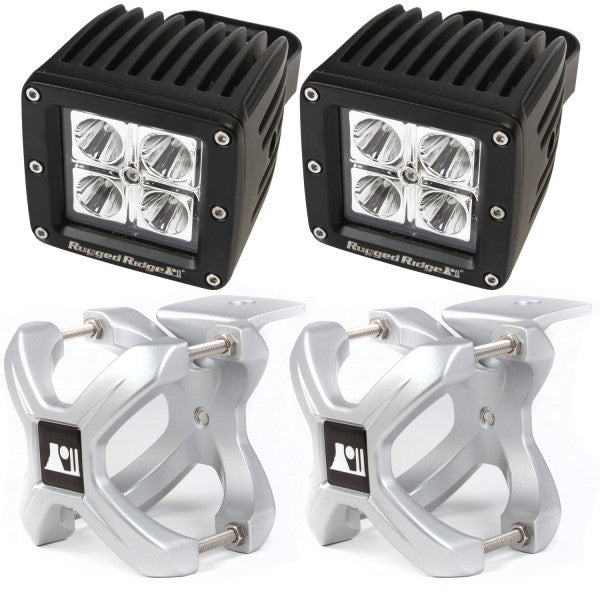 Rugged Ridge 15210.11 | X-Clamp and Square LED Light Kit, Large, Silver, 2 Pieces