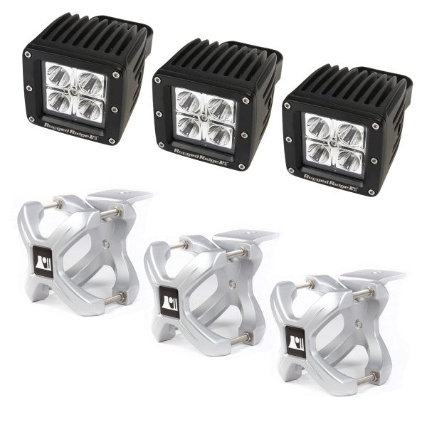 Rugged Ridge 15210.12 | X-Clamp and Square LED Light Kit, Large, Silver, 3 Pieces