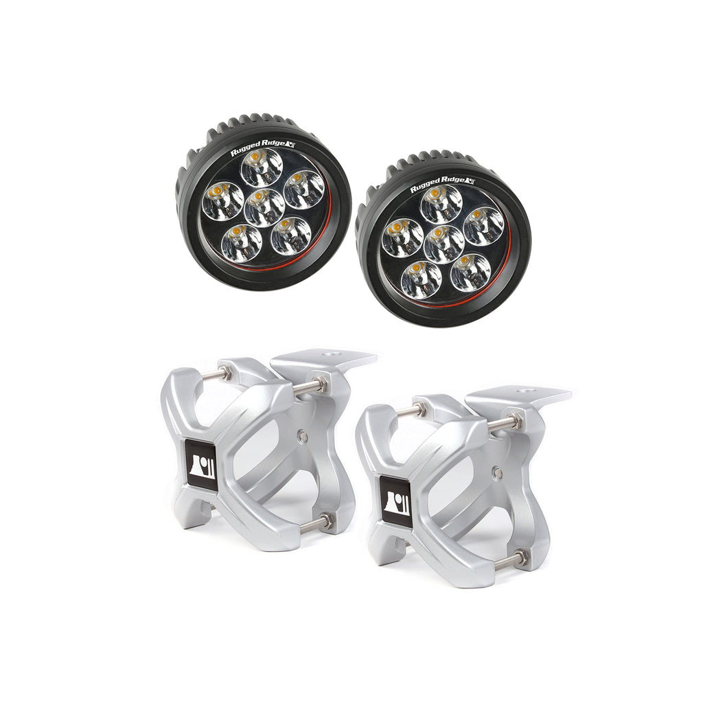 Rugged Ridge 15210.14 | X-Clamp and Round LED Light Kit, Large, Silver, 2 Pieces