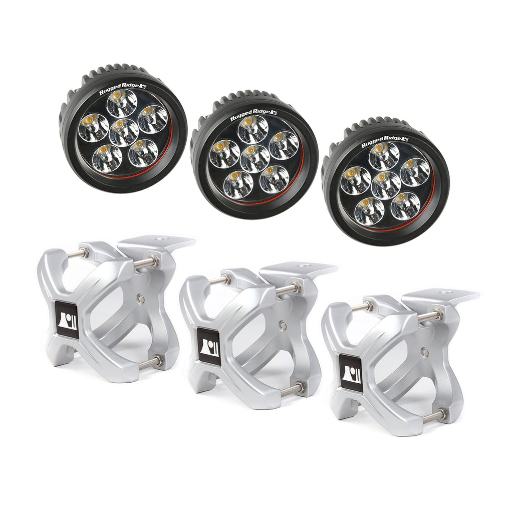 Rugged Ridge 15210.15 | X-Clamp and Round LED Light Kit, Large, Silver, 3 Pieces