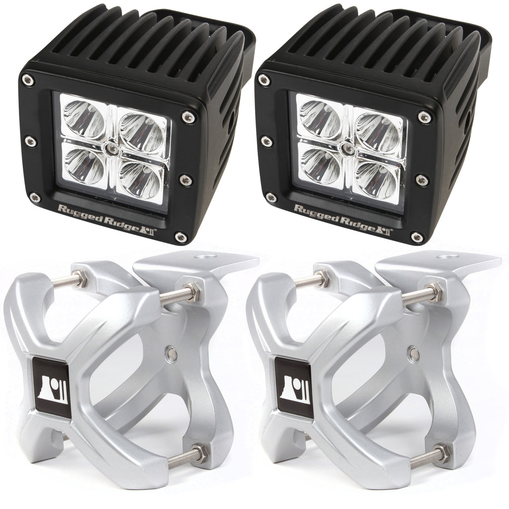 Rugged Ridge 15210.32 | X-Clamp and Square LED Light Kit, Small, Silver, 2 Pieces