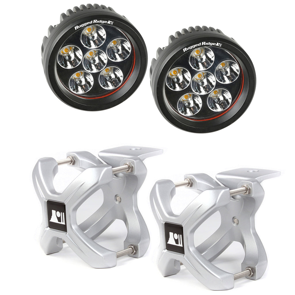 Rugged Ridge 15210.35 | X-Clamp and Round LED Light Kit, Small, Silver, 2 Pieces