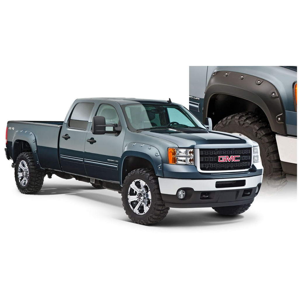 Bushwacker 40943-02 Black Boss Pocket/Rivet Style Smooth Finish 4-Piece Fender Flare Set for 2007-2010 GMC Sierra 2500 HD/3500 HD (Excludes Dually)