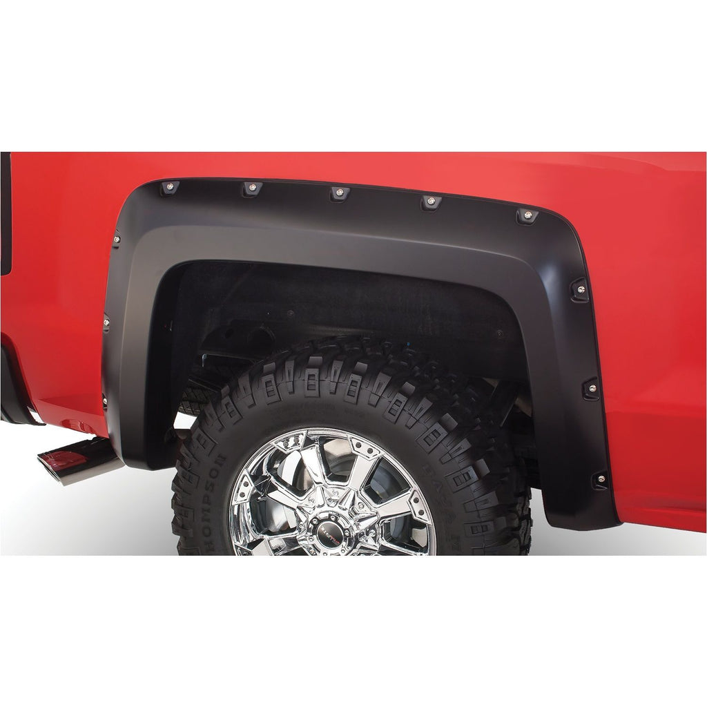 Bushwacker 40120-02 Black Pocket/Rivet Style Smooth Finish Rear Fender Flares for 2014-2018 Chevrolet Silverado 1500; Fits 69.3 In. Bed