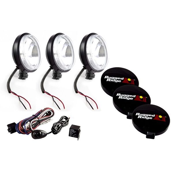 Rugged Ridge 15207.68 | 6 Inch Halogen Light Kit, Black Steel Housings, Set of 3