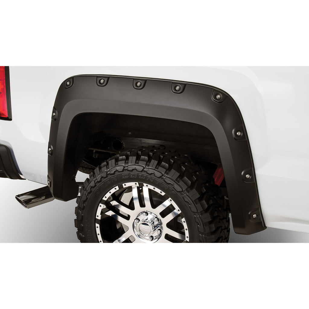 Bushwacker 40085-02 Black Boss Pocket/Rivet Style Smooth Finish Rear Fender Flares for 2007-2013 Sierra 1500; 2007-2014 Sierra 2500 HD; Fits 78.7/97.6 In. Bed
